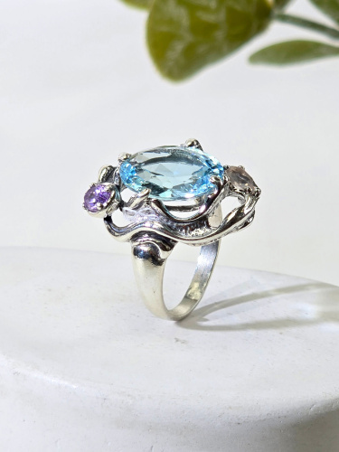 Серебряное кольцо ETERI с топазом, аметистом и розовым кварцем